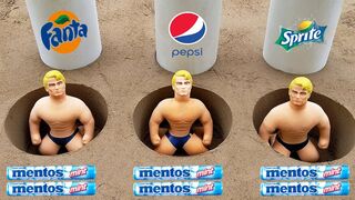 Coca Cola, Fanta, Sprite, Pepsi and Mentos vs Stretch Armstrong in Different Holes Underground