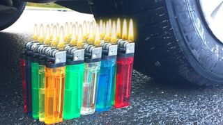 Crushing Crunchy & Soft Things by Car!- EXPERIMENT: CAR VS RAINBOW LIGHTERS
