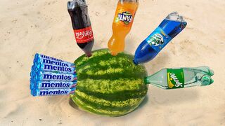 Experiment ! Coca Cola, Fanta, Sprite, Mirinda VS Mentos in Watermelon