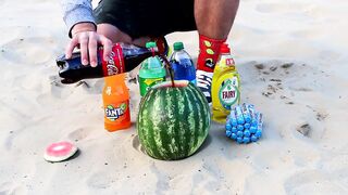 Experiment ! Coca Cola, Fanta, Sprite, Mirinda VS Mentos in Watermelon