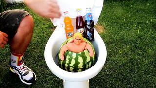 Experiment ! Stretch Armstrong vs Watermelon, Coca-Cola, Pepsi, Fanta and Mentos in Toilet