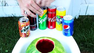 Experiment ! Watermelon vs Cola, Mirinda, Sprite, Fanta, Monster Energy, Pepsi and Mentos in Toilet