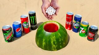 Experiment ! Dr Pepper, Fanta, Monster, Coca Cola, Pepsi and Mentos in Watermelon Underground