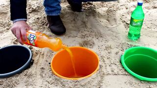 Experiment: Pepsi, Coca Cola, Fanta, Sprite in Buckets vs Mentos in different holes
