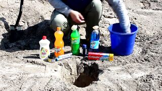 Experiment: Fanta, Sprite, Mirinda vs Mentos vs Toothpaste in Hole Underground