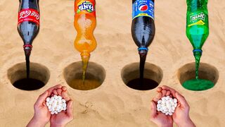 Experiment: Coca cola vs Fanta vs Sprite vs Pepsi vs Mentos in Holes Underground!
