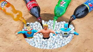 Experiment: Stretch Armstrong, Superman, Batman vs Coca-Cola, Fanta, Pepsi, 7 Up Underground!