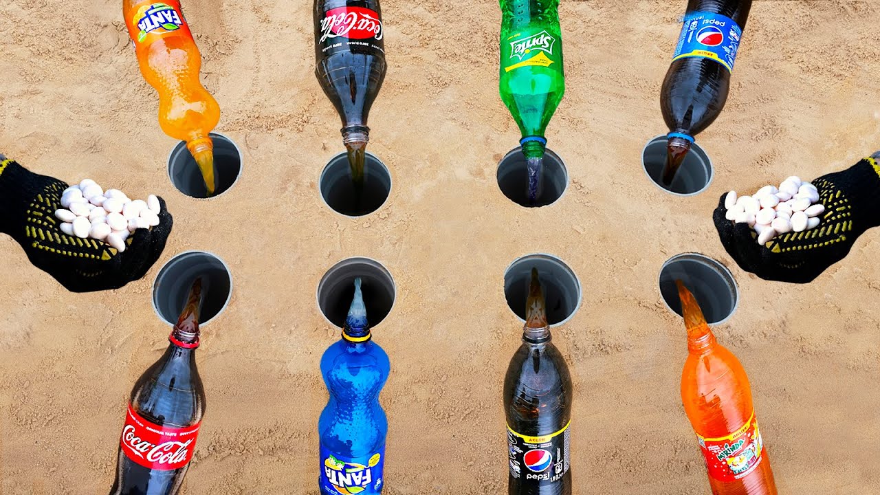 Experiment Coca Cola Fanta Pepsi Vs Mentos In Holes Underground Experiment Coca Cola Fanta Pepsi Vs Mentos In Holes Underground