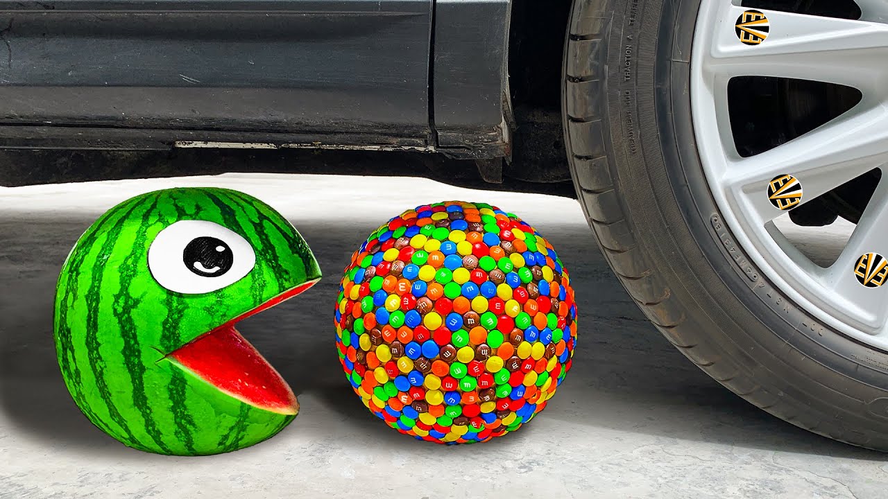 Experiment Car vs Watermelon, M&M Candy Crushing Crunchy & Soft