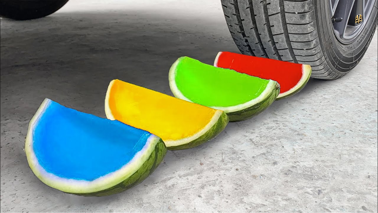 Experiment Car vs Watermelon & Rainbow Jellys Crushing Crunchy & Soft