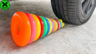 Experiment: Car vs Rainbow Tower Ring, Slime and Fruits - Crushing Crunchy & Soft Things By Car
