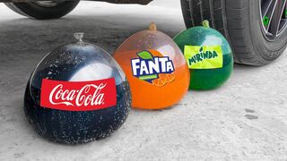Crushing Crunchy & Soft Things By Car | Experiment: Car vs Coca Cola, Fanta, Mirinda in Balloons