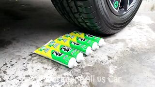 Crushing Crunchy & Soft Things by Car! Experiment: Car vs Tinsel Toothpaste