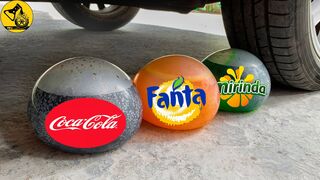 3 بالونات تحتوي على مشروبات غازية كوكا كولا ، فانتا ، ميرندا - Experiment: Car vs Balloons
