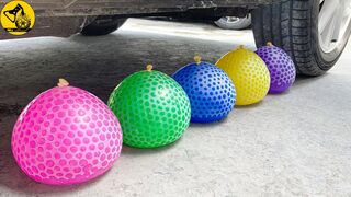 Experiment: Car Vs Rainbow Orbeez in Big Balloons - 5 بالونات تحتوي على بذور متوسطة الحجم
