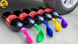 Experiment: Car vs Cola vs Rainbow Balloons - 5 بالونات تلتصق بالفم 5 زجاجات كوكاكولا كبيرة الحجم