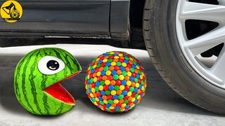 Experiment: Car vs Watermelon Juice And M&M Candy Ball - رمز البطيخ مع كرة الخطمي