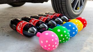 Experiment: Car vs Coca Cola vs Water Balloons - 5 بالونات منقطة 5 زجاجات كوكاكولا