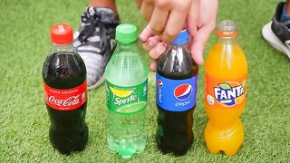 Experiment !! Stretch Armstrong VS Cola, Redbull, 7Up, Pepsi, Fanta and Mentos in Mirinda Balloons