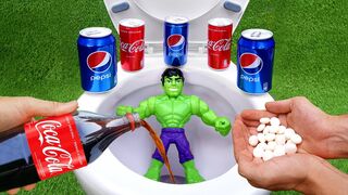 Experiment !! Hulk Superhero VS Cola, Redbull, 7Up, Pepsi, Fanta and Mentos in Toilet