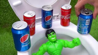 Experiment !! Hulk Superhero VS Cola, Redbull, 7Up, Pepsi, Fanta and Mentos in Toilet