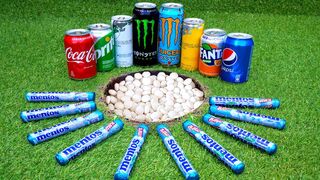 Experiment !! Stretch Armstrong VS Cola, Redbull, 7Up, Pepsi, Monster, Fanta and Mentos Underground