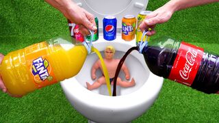 Experiment !! Stretch Armstrong VS Cola, Mtn Dew, 7Up, Pepsi, Monster, Fanta and Mentos in Toilet
