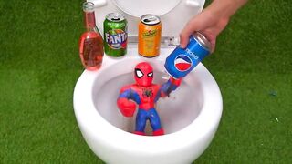 Experiment !! Spiderman VS Cola, Mtn Dew, 7Up, Pepsi, Fanta, Monster and Mentos in Toilet
