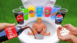 EXPERIMENT !! Stretch Armstrong vs Cola, Fanta, 7Up, Gatorade, Sprite and Mentos Cups in Toilet