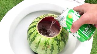 EXPERIMENT !! Watermelon vs Balloon Cola, Pepsi, Fanta, Sprite and Mentos in Toilet