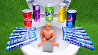 Experiment !! Stretch Armstrong VS Cola, Mtn Dew, Gatorade, Pepsi, Balloons and Mentos in Toilet