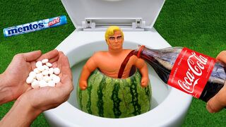 Experiment !! Stretch Armstrong VS Coca Cola in Watermelon, Fanta, Energy Drink Mentos in Toilet