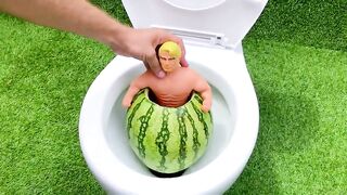 Experiment !! Stretch Armstrong VS Coca Cola in Watermelon, Fanta, Energy Drink Mentos in Toilet