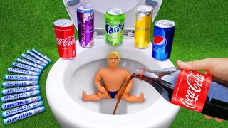 Experiment !! Stretch Armstrong VS Cola, Monster, Fanta, Sprite, Redbull and Mentos in Toilet