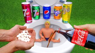 Experiment !! Stretch Armstrong VS Cola, Mtn Dew, 7Up, Pepsi, Fanta, Monster and Mentos in Toilet