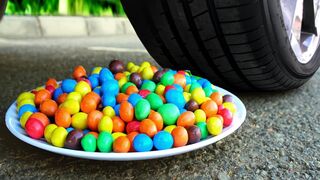 Crushing Crunchy & Soft Things by Car! - EXPERIMENT:  CAR VS M&Ms PLATE