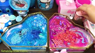 BLUE DORAEMON vs PINK HELLO KITTY | Mixing Random Things into GLOSSY Slime | Satisfying Slime #674