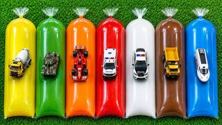 Finding Toy Cars: Concrete Mixer Truck, Armored Steel Tank, F1 Race Car, Police Car, Dump Truck & Ambulance