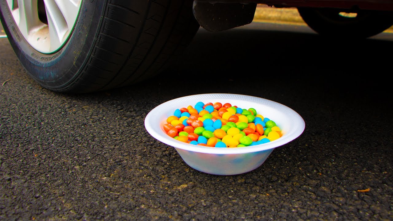 Crushing Crunchy & Soft Things by Car! EXPERIMENT Skittles Bowl vs Car