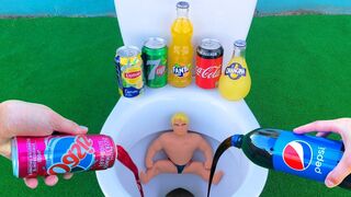 Experiment !! Stretch Armstrong VS Cola, Sprite, Fanta, Pepsi, Balloons and Mentos in Toilet