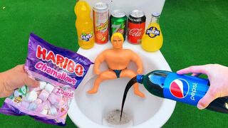 Experiment !! Stretch Armstrong VS Cola, Monster, Fanta, Sprite, Pepsi and Mentos in Toilet