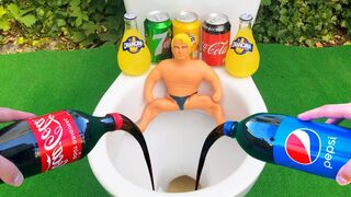 Experiment !! Stretch Armstrong VS Cola, Fanta, Mtn Dew, Monster and Mentos in Toilet