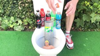 Experiment !! Stretch Armstrong VS Cola, Fanta, Mtn Dew, Monster and Mentos in Toilet