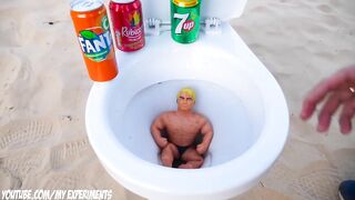 Big Stretch Armstrong VS Cola, Mirinda, 7up, Pepsi, Rubicon and Mentos in the toilet