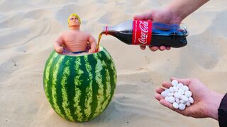 Experiment: Small Stretch Armstrong VS Coca Cola and Mentos inside the Watermelon