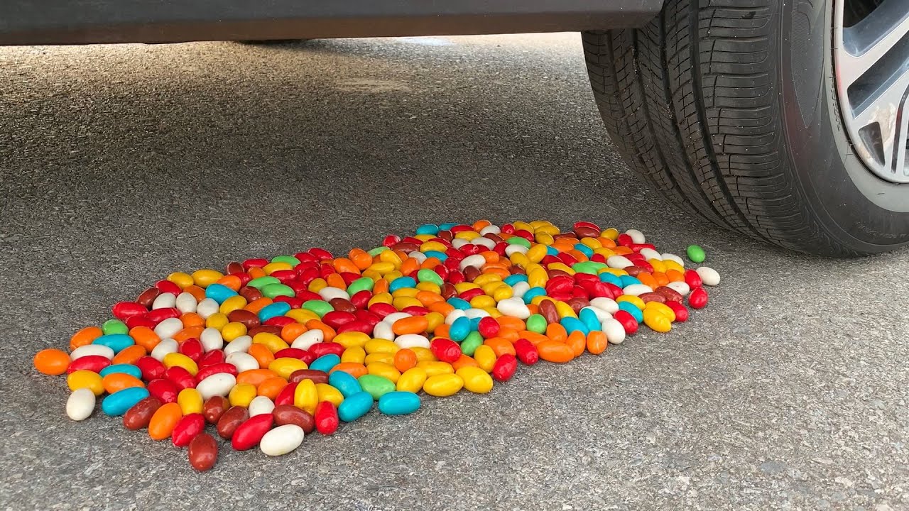 Experiment Car vs M&M Candy, Skittles candy Crushing Crunchy & Soft