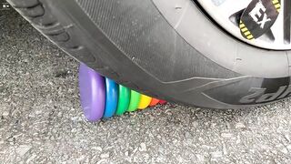 Experiment Balloons vs Car vs Wooden Rainbow Tower | Crushing Crunchy & Soft Things by Car | Test Ex