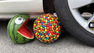 Experiment Car vs Pacman Watermelon and M&M Ball | Crushing crunchy & soft things by car | Test Ex