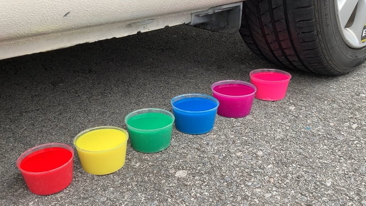 Experiment Car vs Liquids of Different Colors Crushing crunchy & soft