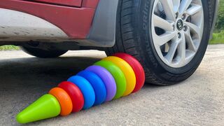 EXPERIMENT: Car vs Rainbow Tower Ring - Crushing Crunchy & Soft Things by Car!